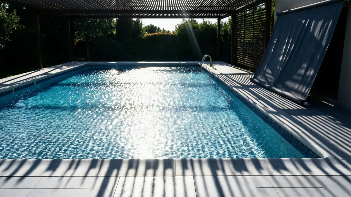 Sombra rayada de una pérgola sobre el agua de una piscina bajo el sol duro del mediodía