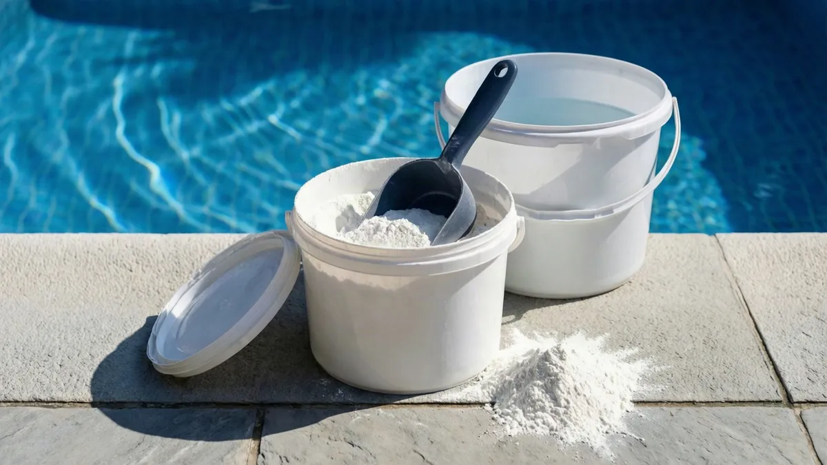 Cubo abierto de producto en polvo con un cazo dentro, junto a un cubo de agua al borde de la piscina