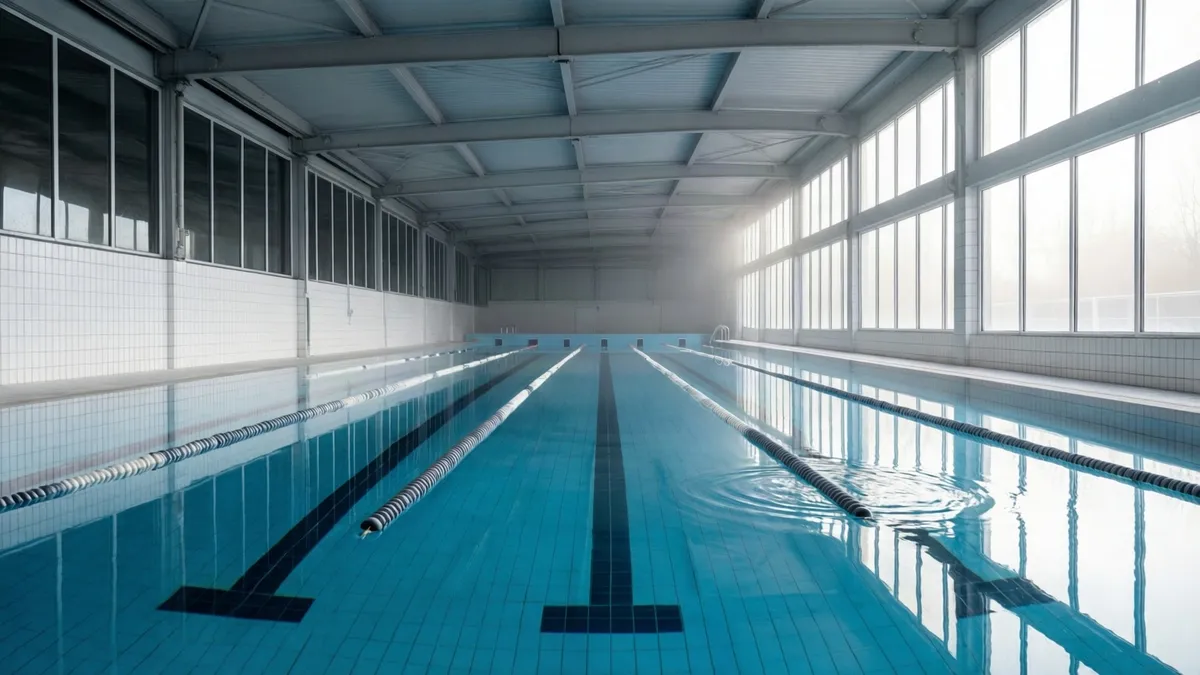 Piscina cubierta vacía con las corcheras tendidas y el agua completamente quieta