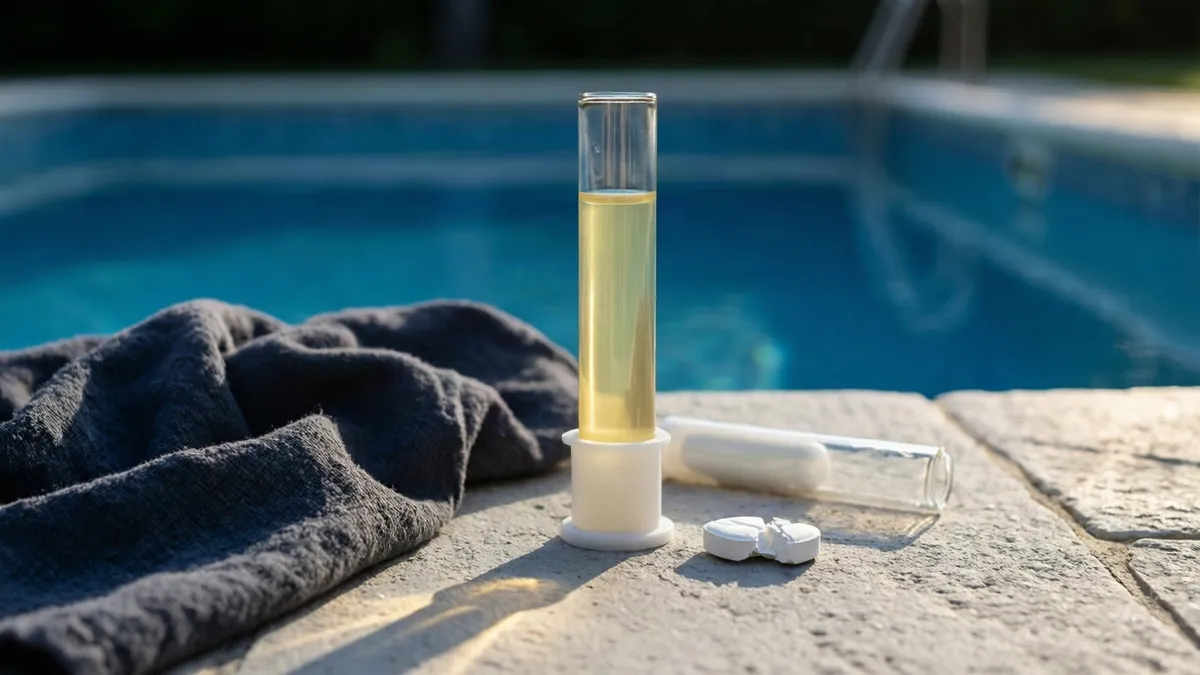Probeta con agua de piscina teñida de amarillo pálido tras el reactivo, sobre el borde de piedra