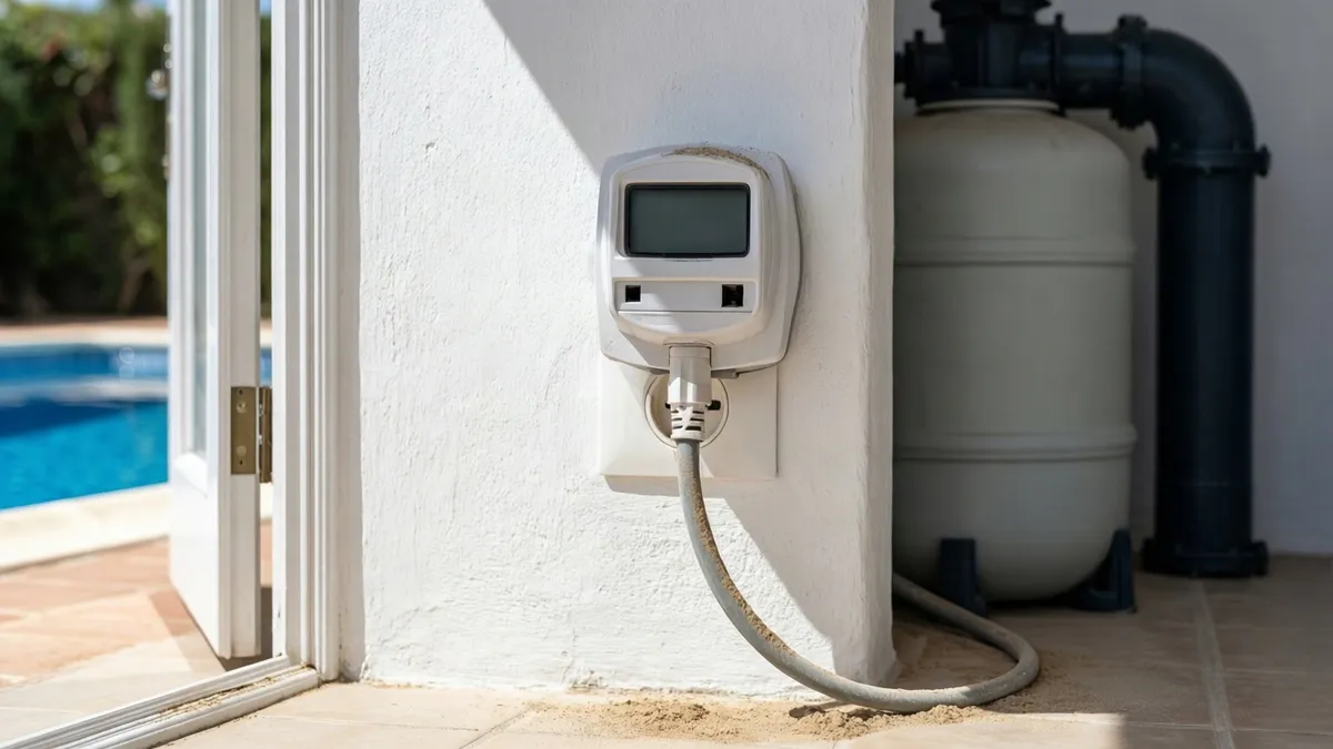 Medidor de consumo enchufado en la pared encalada de un cuarto técnico, con el filtro de arena y la piscina al fondo