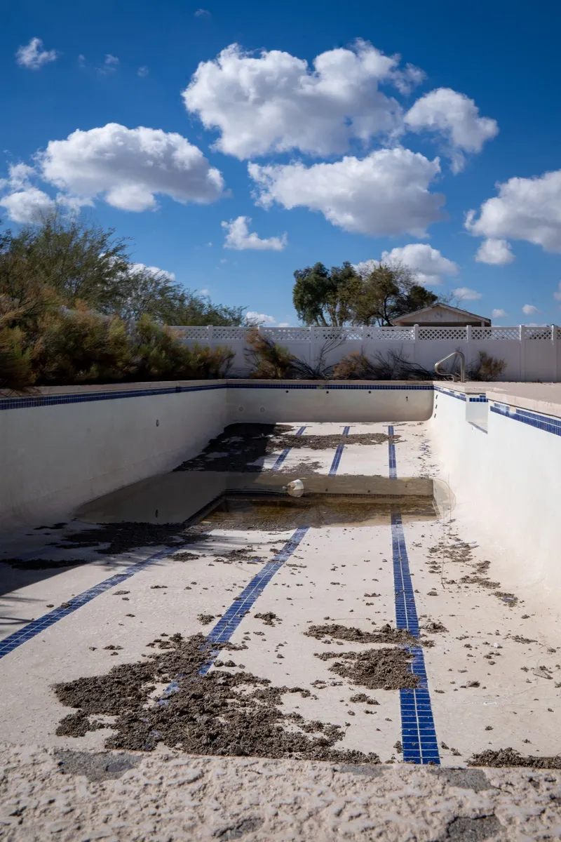 Piscina con el borde de hormigón cubierto de nieve reflejando árboles invernales