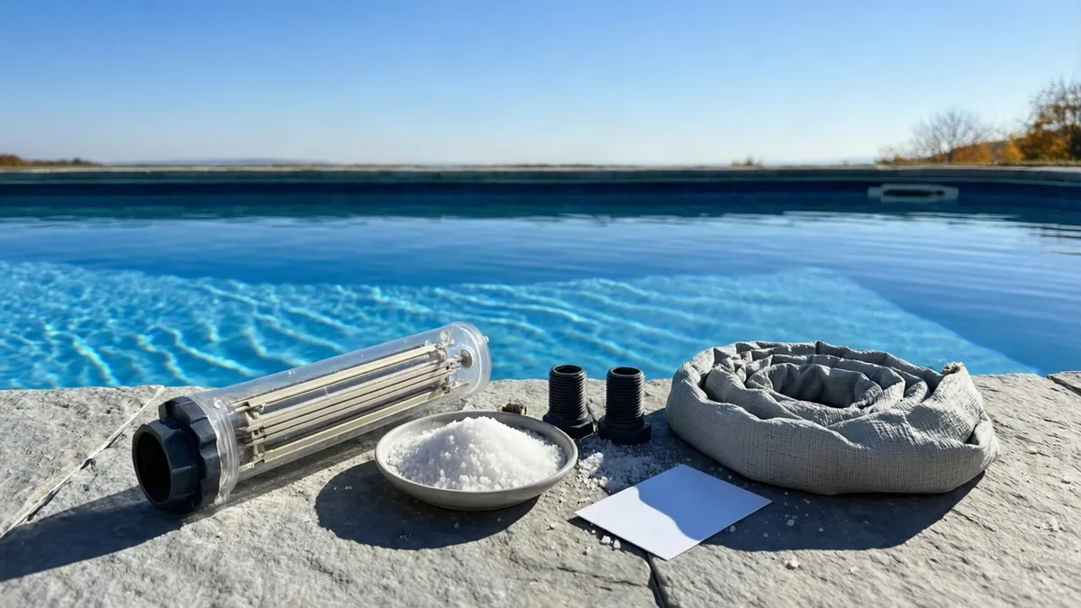 Componentes de piscina sobre piedra gris junto al agua azul, incluyendo filtro transparente, sal blanca y manguera enrollada bajo luz solar.
