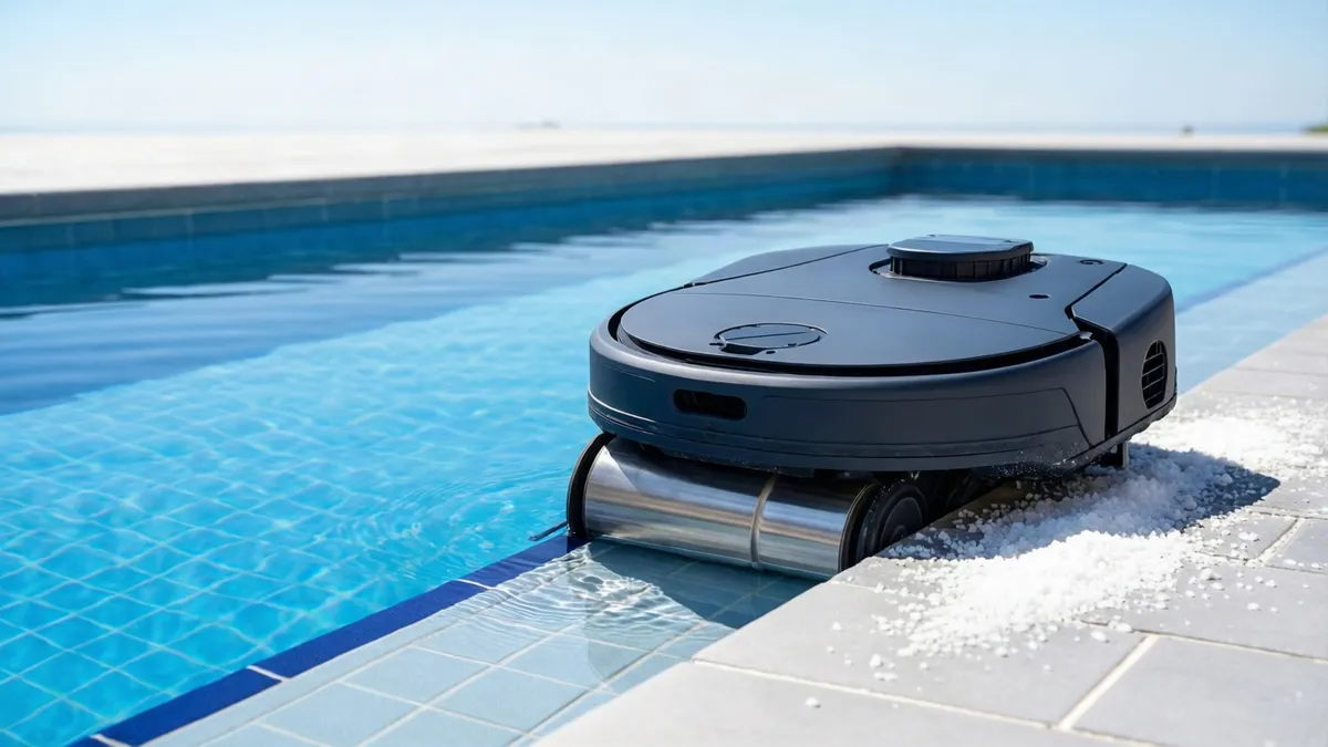 Robot aspirador negro y plateado junto a una piscina azul con azulejos, sobre el borde de piedra gris bajo la luz solar directa.